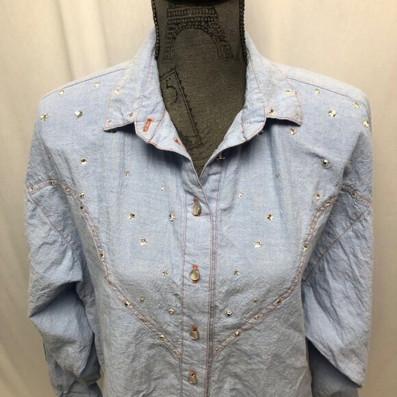 Ann Michael Shirt Womens Size Medium Light Blue Button Up Rhinestone Cotton 80s - Picture 2 of 6